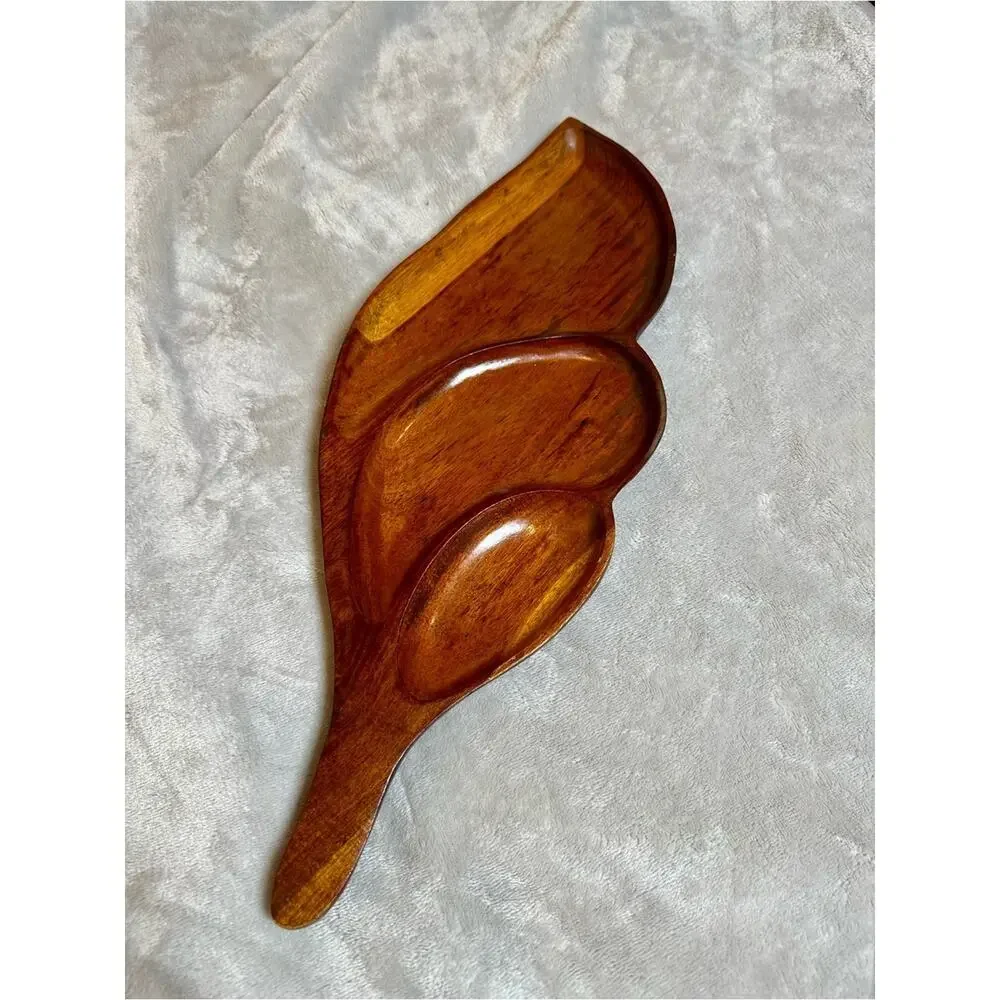 Vtg Mid Century Wood Leaf Divided Serving Platter 3 Section Tray Handle 20
